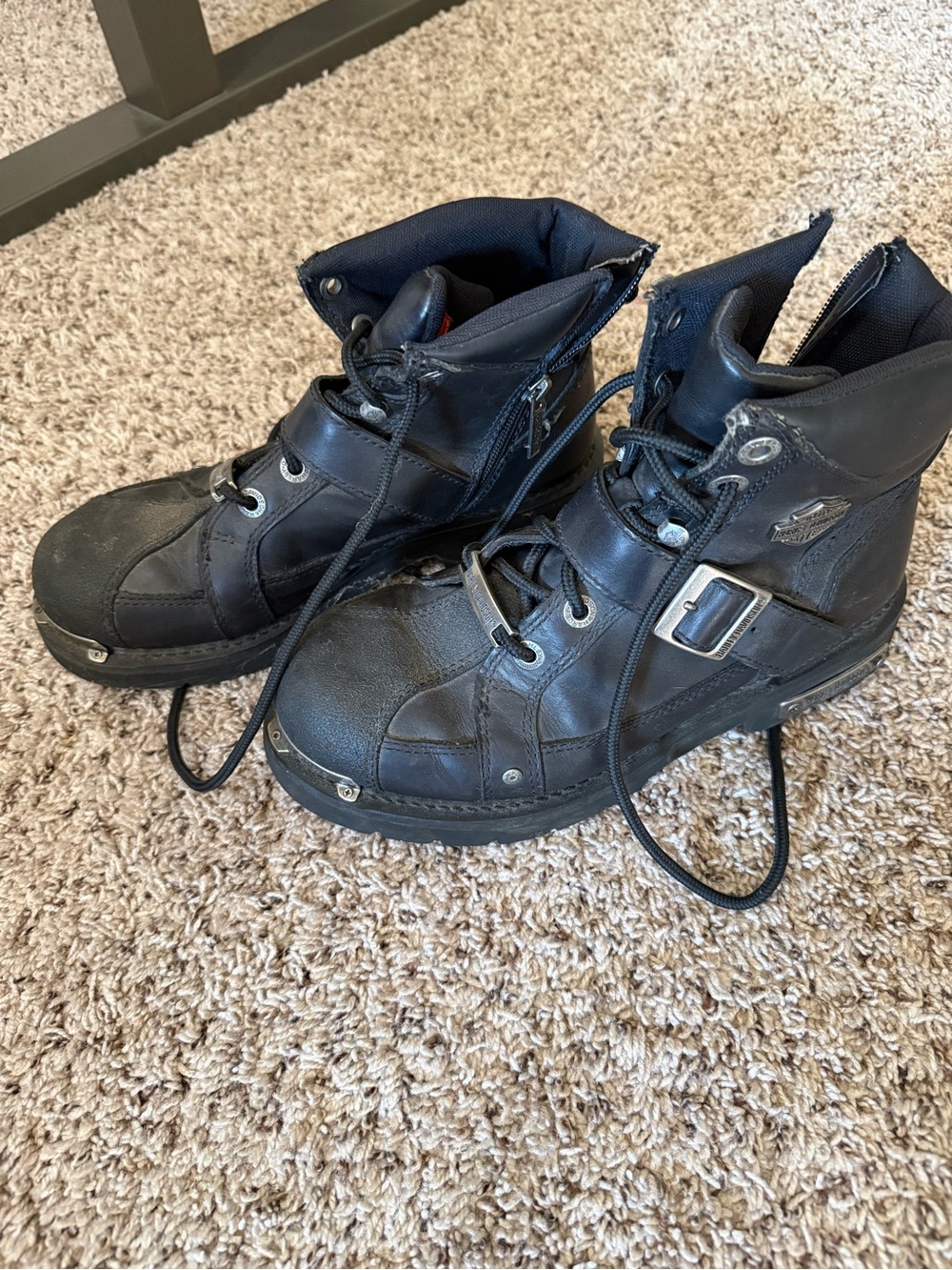 Harley-Davidson Black Leather Moto Boots with Buckle and Lace-Up
